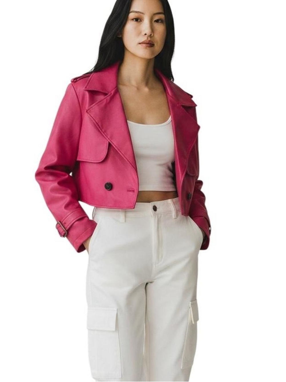 7 For All Mankind Pink Vegan Leather Double Breasted Cropped Moto Jacket XS NWOT